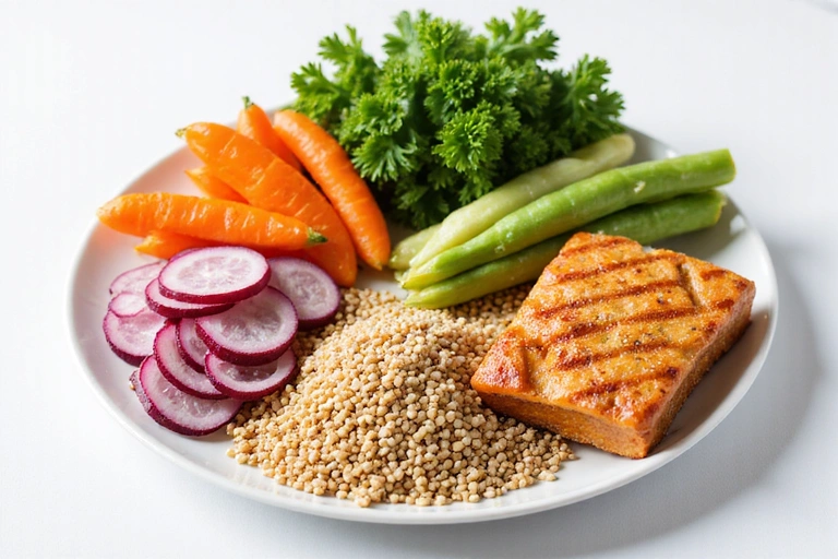 A vibrant plate of healthy, colorful food representing balanced nutrition