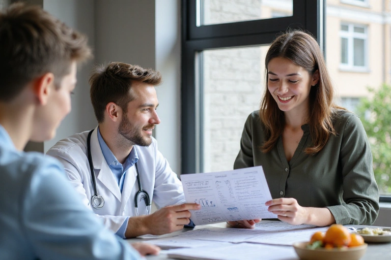 A professional nutritionist reviewing dietary plans with a client in a modern office setting, emphasizing trust and expertise