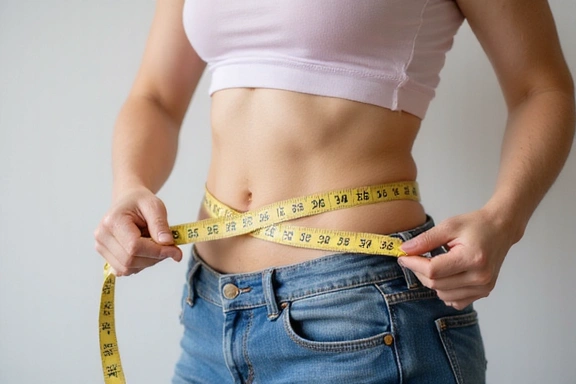 A person measuring waist with a tape measure, symbolizing weight loss progress.
