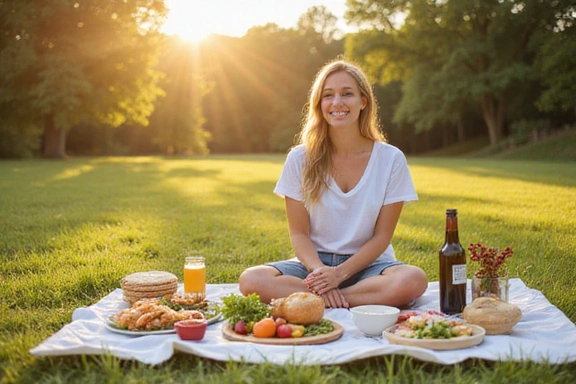 A person enjoying a picnic outdoors with healthy food, symbolizing a balanced and joyful lifestyle.