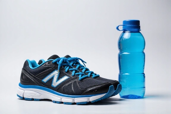 A pair of running shoes and a water bottle, representing active lifestyle and hydration for weight management.
