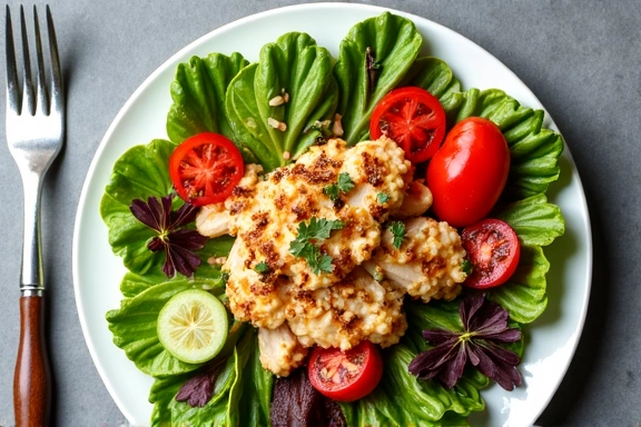 A beautifully plated healthy salad with grilled chicken and fresh vegetables.