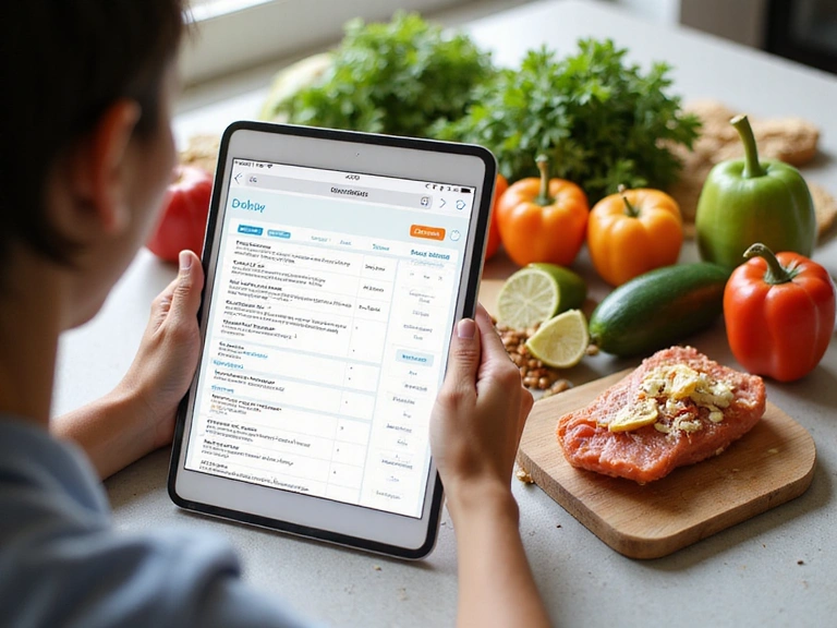 A person reviewing a personalized meal plan on a tablet with fresh ingredients on a kitchen counter.