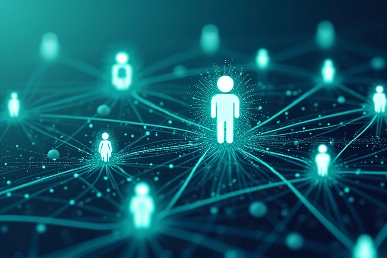 A network of connected digital devices and people, symbolizing data sharing and digital ecosystem.