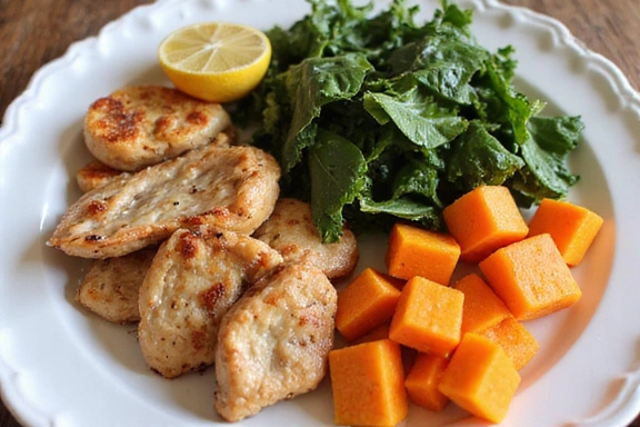 A colorful and healthy plate of AIP-compliant foods, such as lean protein, leafy greens, and root vegetables.