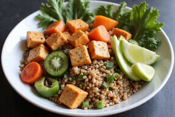 A vibrant bowl of vegan food, featuring fresh vegetables, tofu, and grains, beautifully arranged.