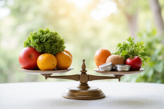 Scales balancing healthy food like fruits and vegetables with weights, symbolizing balanced weight management.